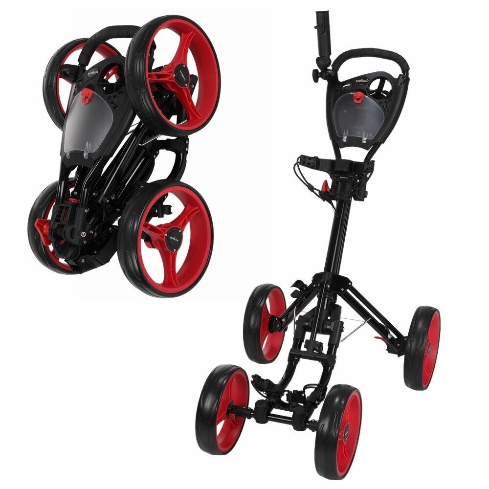 Caddymatic Golf Quad 4-Wheel Folding Golf Pull Push Trolley Black/Red